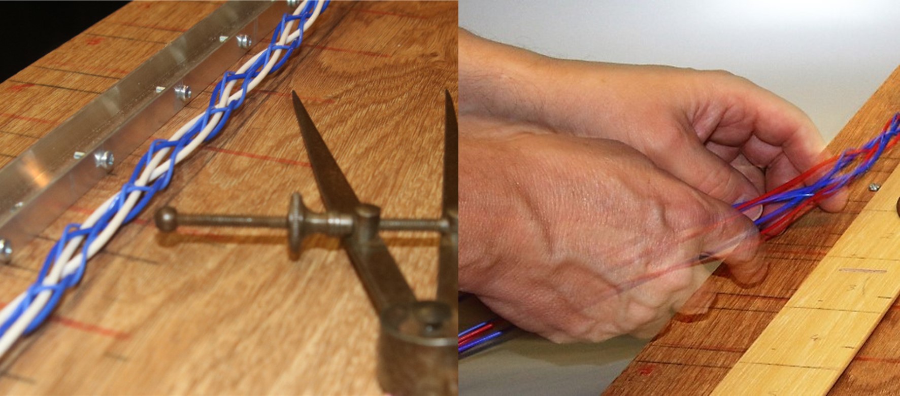 a tunable audio cable under construction with the conducting wires on the right and the finished braided cable on the left